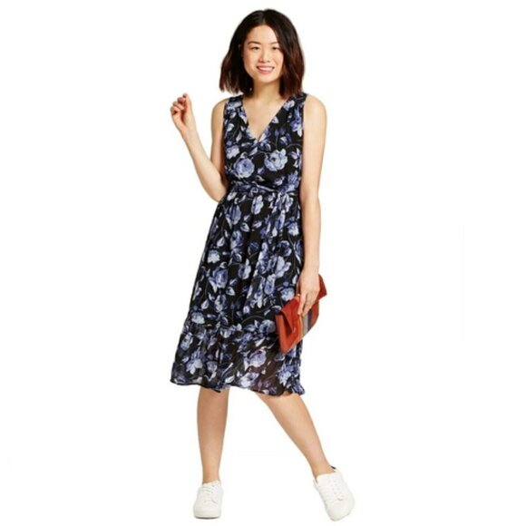 A NEW DAY Floral Chiffon A-Line Midi Dress Flowy Sleeveless Splice V-neck Sz 1X - Picture 1 of 13